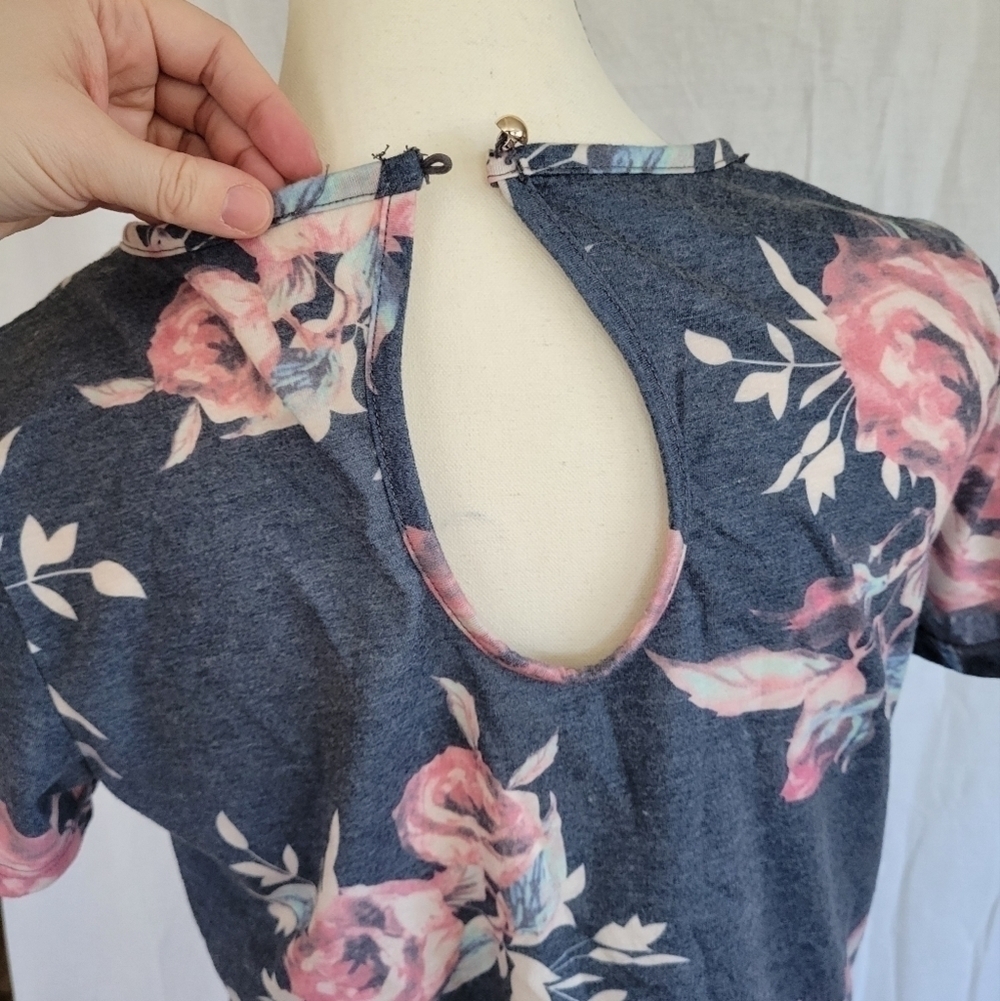Tickled Teal blue grey floral drawstring jumpsuit w/pockets S - Picture 10 of 12
